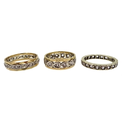 Three gold stone set full eternity rings, two pairs of gold earrings and two single earrings, all 9ct, stamped, hallmarked or tested