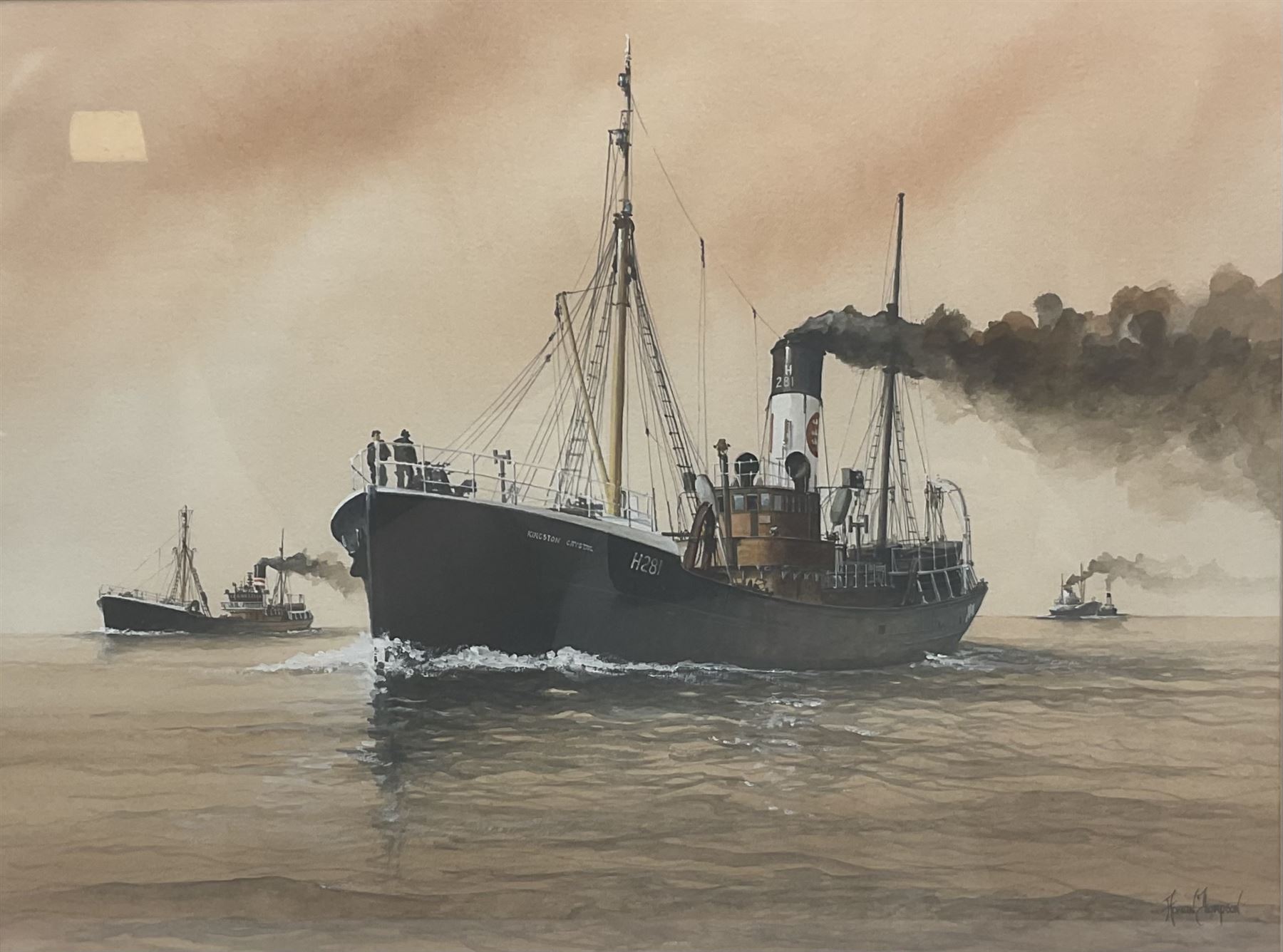 Adrian Thompson (British 1960-): 'Evening Tide' Steam Trawlers in the Humber, watercolour signed, titled and dated '93 verso with artist's address label 34cm x 46cm  