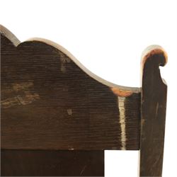 18th century inlaid mahogany armchair, carved back with marquetry panel, overstuffed upholstered seat finished in gold dralon fabric, raised on turned supports united by a stretcher