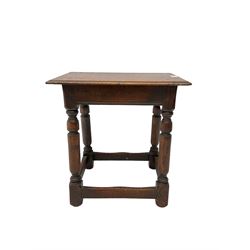 Oak coffin or joint stool, rectangular top with shaped edge over splayed turned supports with stretcher base 