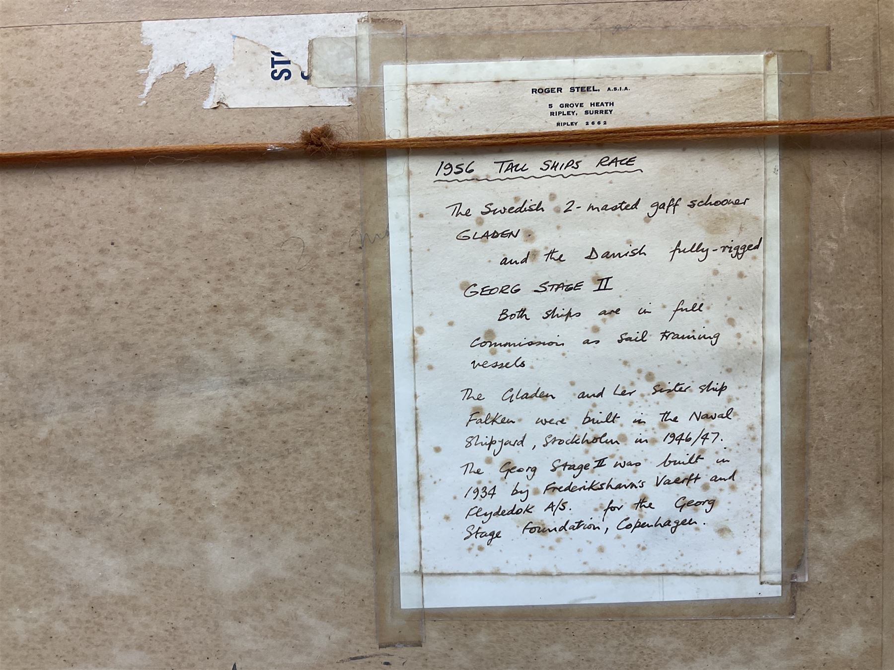 Roger Steel (British Mid-20th century): '1956 Tall Ships Race' - the Swedish 2-masted gaff schooner 'Gladen' and the Danish fully rigged 'George Stage II', oil on board signed and dated '71, labelled verso 30cm x 50cm