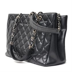 Chanel - black GST Grand Shopping Tote, caviar leather with classic diamond quilting and large embroidered CC logo to the centre front, with polished silver-tone hardware, a rear patch pocket, chain and leather handles, and an open top with three main interior compartments, 2009-2010, serial number 13547470