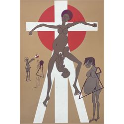 Rolph G Webster (British 20th Century): Woman gives birth on the Cross, screen print signed and dated '74, 76cm x 50cm; Ben C** (British 20th Century): Abstract Diamonds, artists proof lithograph indistinctly signed, dated '70 and numbered 7/10, 102cm x 68cm (2)
