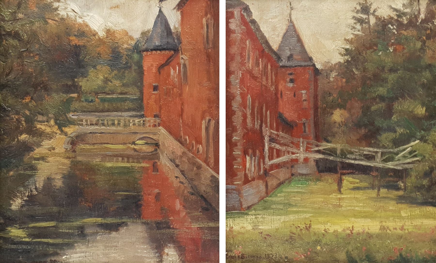 Paule Bisman (Belgian 1897-1973): Franc-Waret Castle, pair oils on panel signed and dated 1923, titled verso 26cm x 20cm