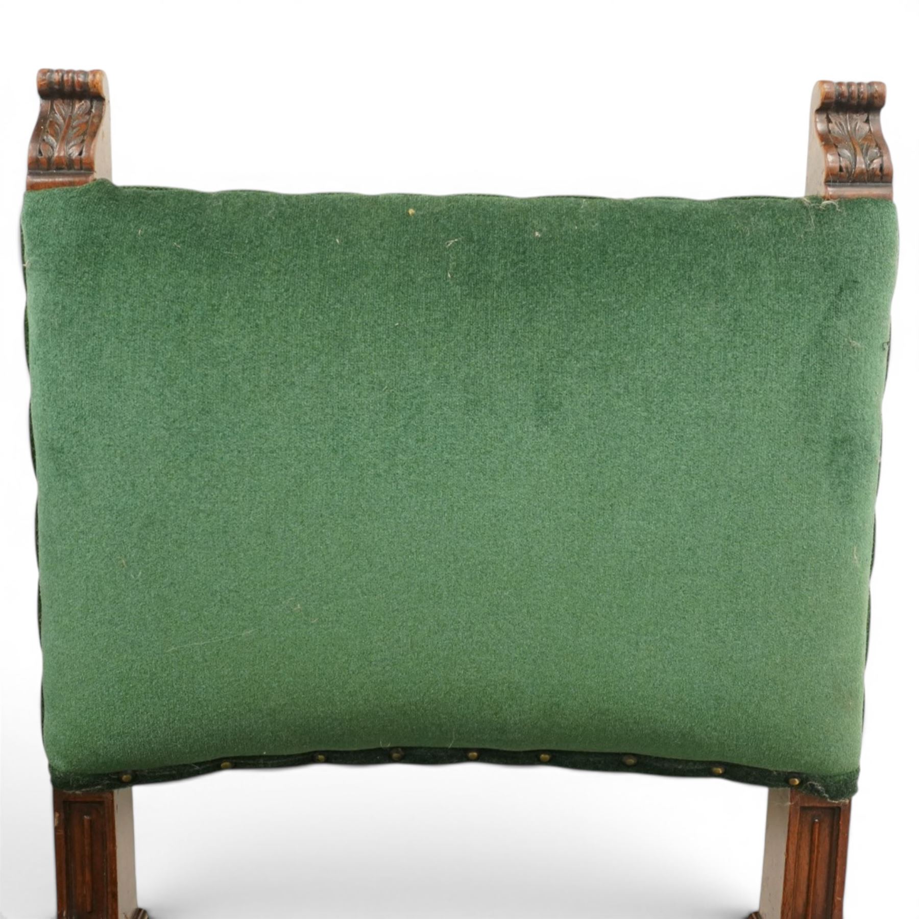 17th century style mahogany set of six dining chairs, with carved scrolled finials, padded green velvet upholstery, block and turned supports united by stretcher  