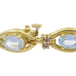 14ct gold oval cut aquamarine and round brilliant cut diamond link bracelet, stamped, total aquamarine weight approx 7.25 carat