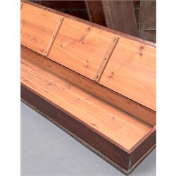 Pair of stained pine long boxes, early 20th century, with hinged lids and moulded base, one with wrought iron carry handle to each end. L203cm, D48cm, D20cm.  - COLLECTION BY APPOINTMENT FROM: The White House, Thirsk Road, Easingwold, York, YO61 3NF - CALL 01723 507111 TO ARRANGE