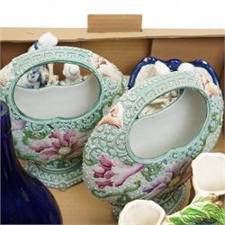 Pair of Staffordshire spaniel ornaments, Red Riding Hood spill vase, pair of Japanese vases and other items in two boxes