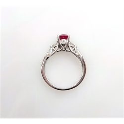  White gold single stone fine ruby ring, diamond set shoulders stamped 750 ruby approx 0.9 carat  