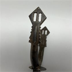 Pair of South American gaucho steel and brass spurs with twenty-two spike heel rowels, possibly Chilean L23cm