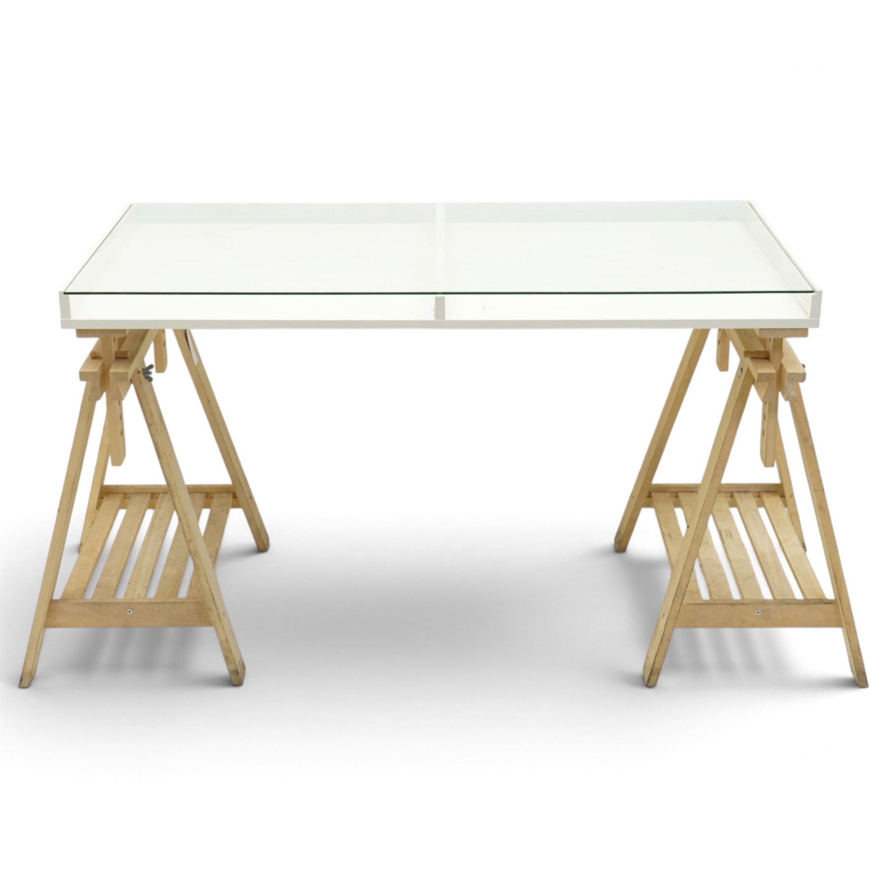 IKEA - Vika Gruvan trestle table, glass and white top raised on beech adjustable supports