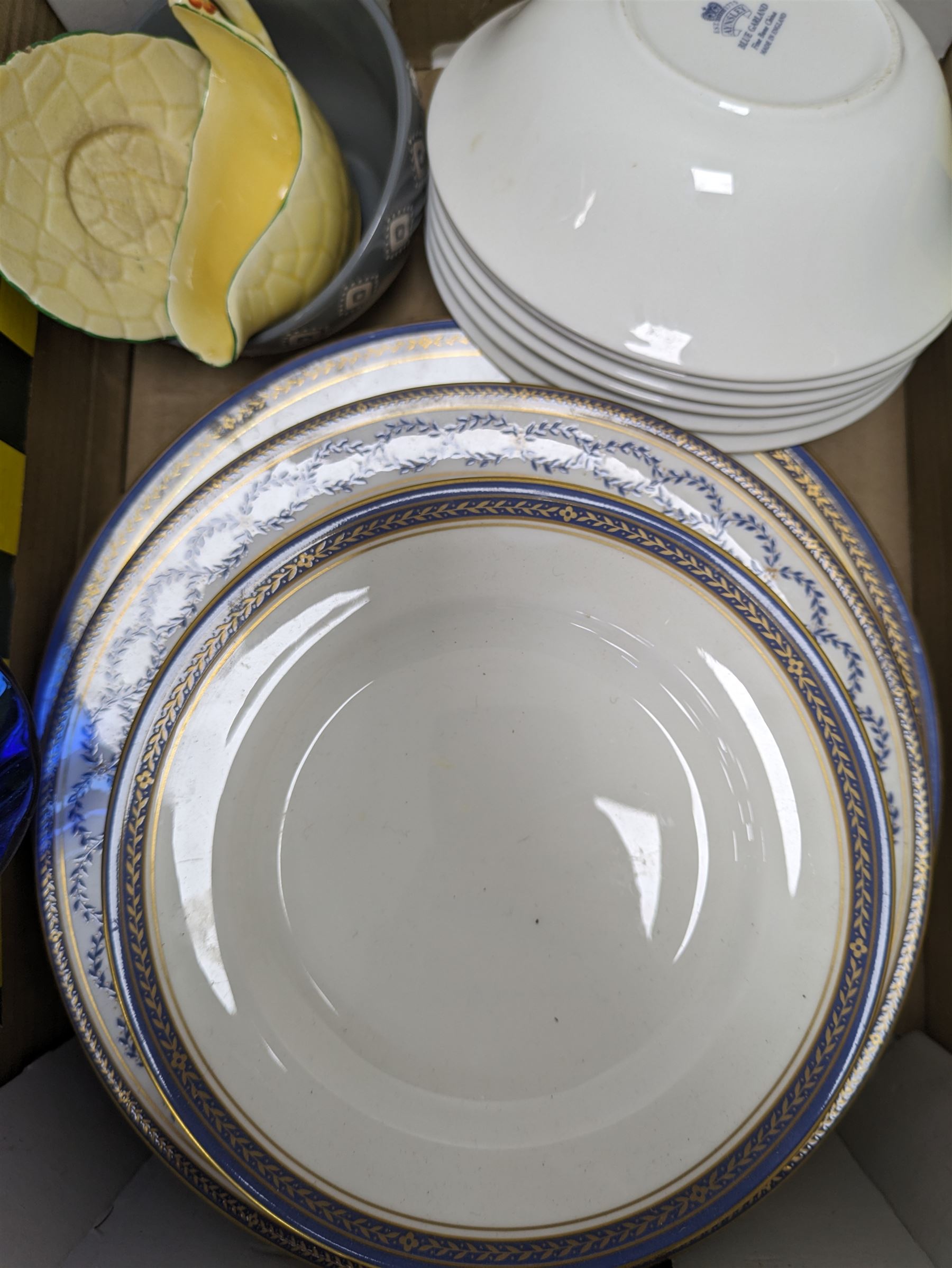 Royal Doulton figure Joy, Royal Albert Old Country Roses ceramics, Aynsley Blue Garland dinner wares, and a collection of other ceramics, in two boxes 