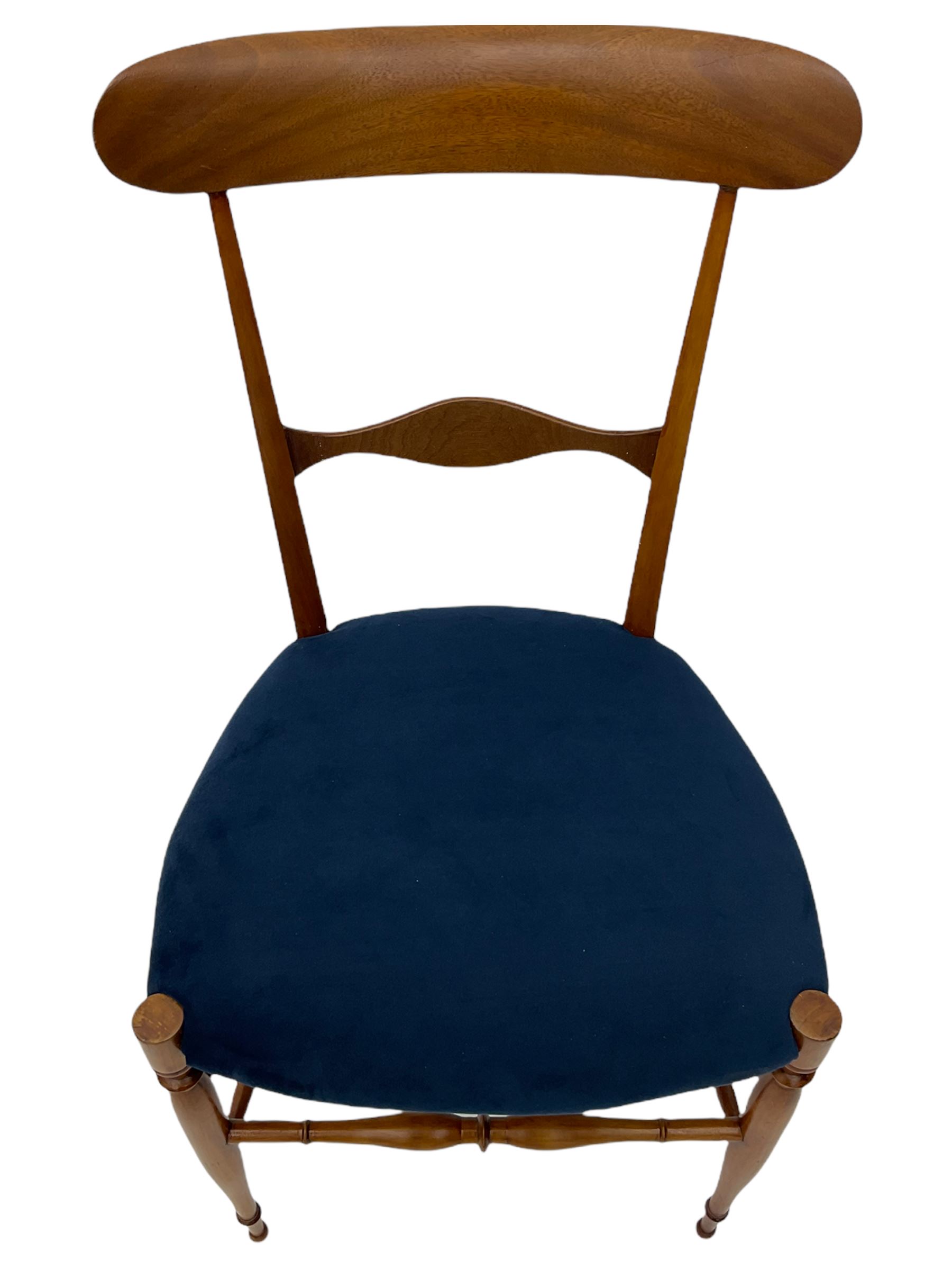 Campanino Chiavari by Fratelli Levaggi - circa. 1950s set eight walnut dining chairs, seats upholstered in blue fabric, 