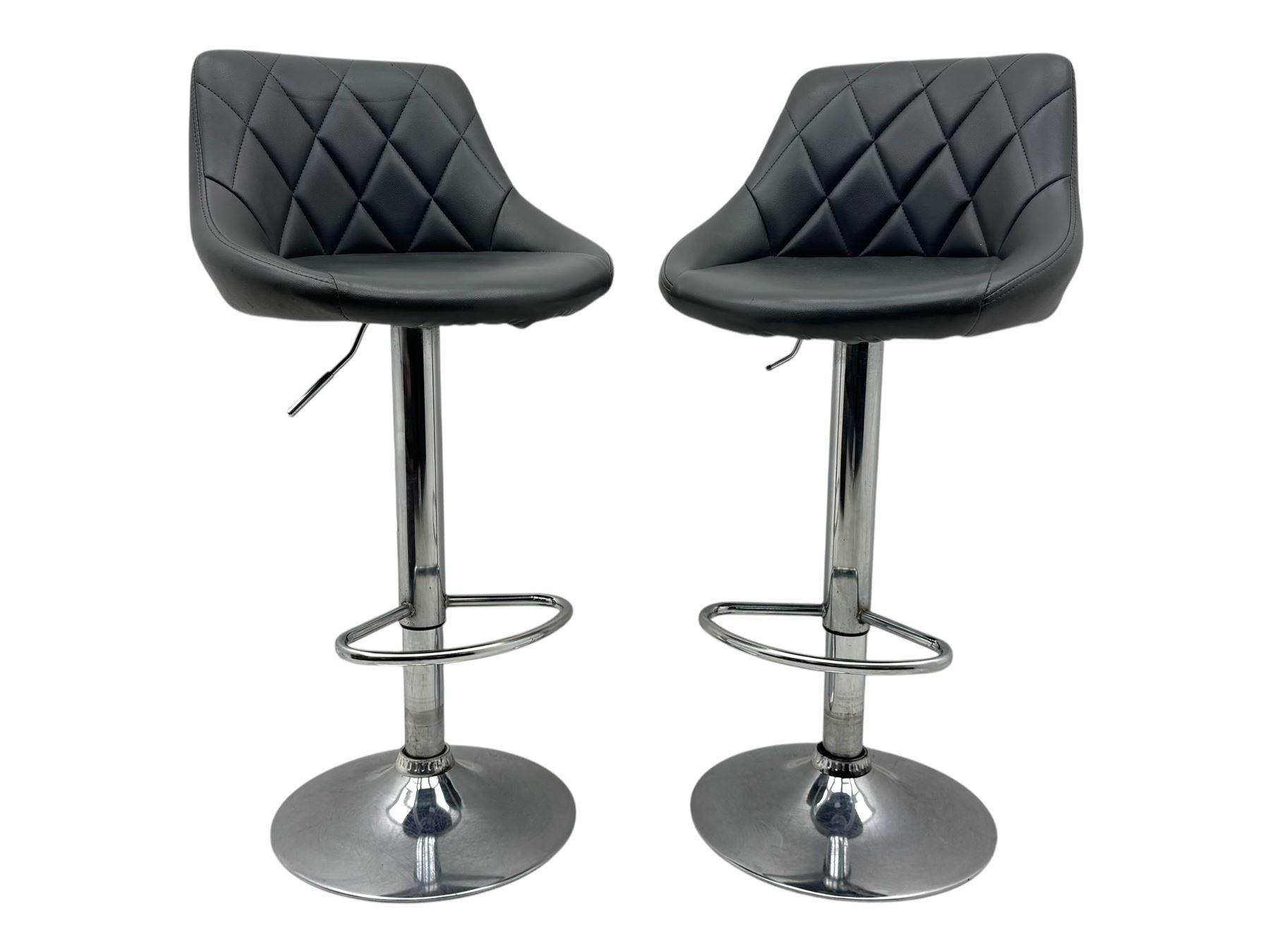 Pair of contemporary adjustable ‘Woltu’ bar stools, diamond-quilted grey faux leather seats with low backs, chrome bases with footrests and hydraulic height adjustment mechanism