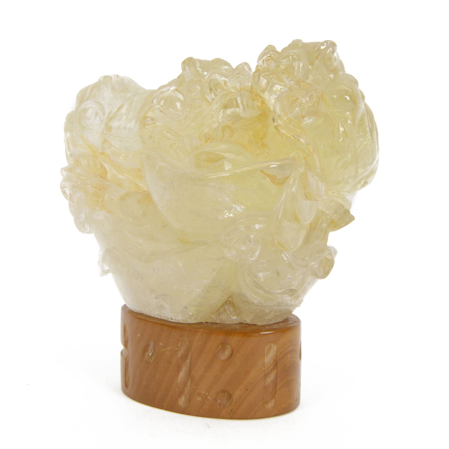 Chinses quartz carved figure group, modelled as two temple lions, upon an oval base, H17cm