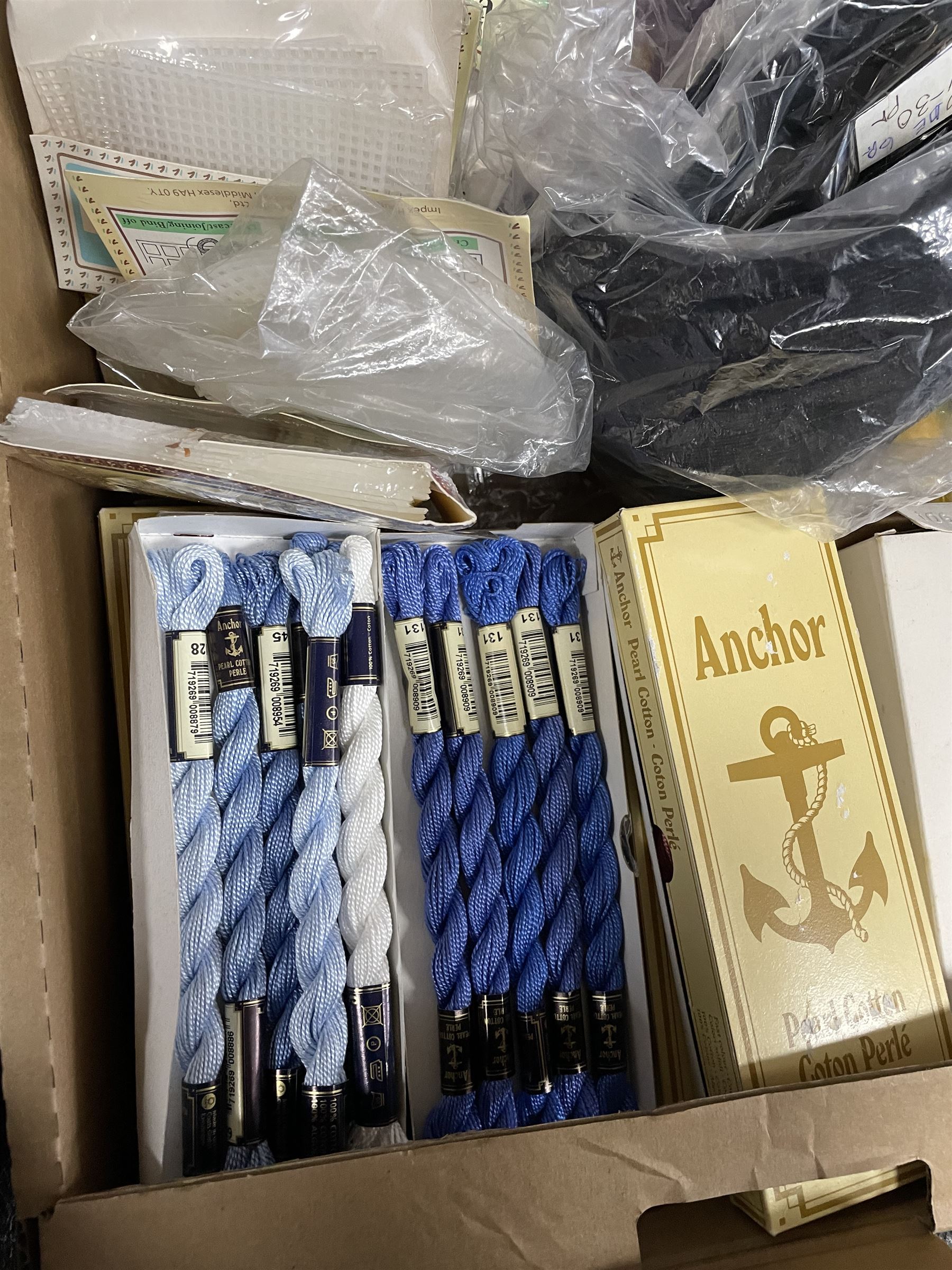Haberdashery Shop Stock: Reels of Slyko Supreme & Raylon Madeira thread, Creative Craft pompoms and other craft-making supplies, boxes of Anchor Pearl Cotton, perforated plastic canvases etc in three boxes