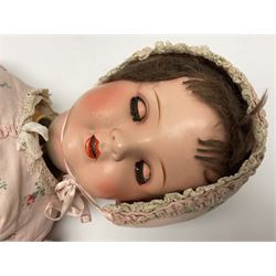 Armand Marseille Koppelsdorf composition head doll with applied hair, sleeping eyes, open mouth with teeth and tongue and composition body with jointed limbs, marked 'AM Koppelsdorf 970 Germany A.7.M' H55cm; Armand Marseille bisque head doll with applied hair, open mouth with teeth and composition body with jointed limbs, marked 'Armand Marseille 390n DRGM 246/1 A3/0M'; Fleur de Genet costume doll; and quantity of 1930s doll's house furniture
