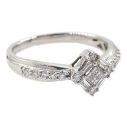 White gold baguette and round brilliant cut diamond dress ring stamped 18K 750