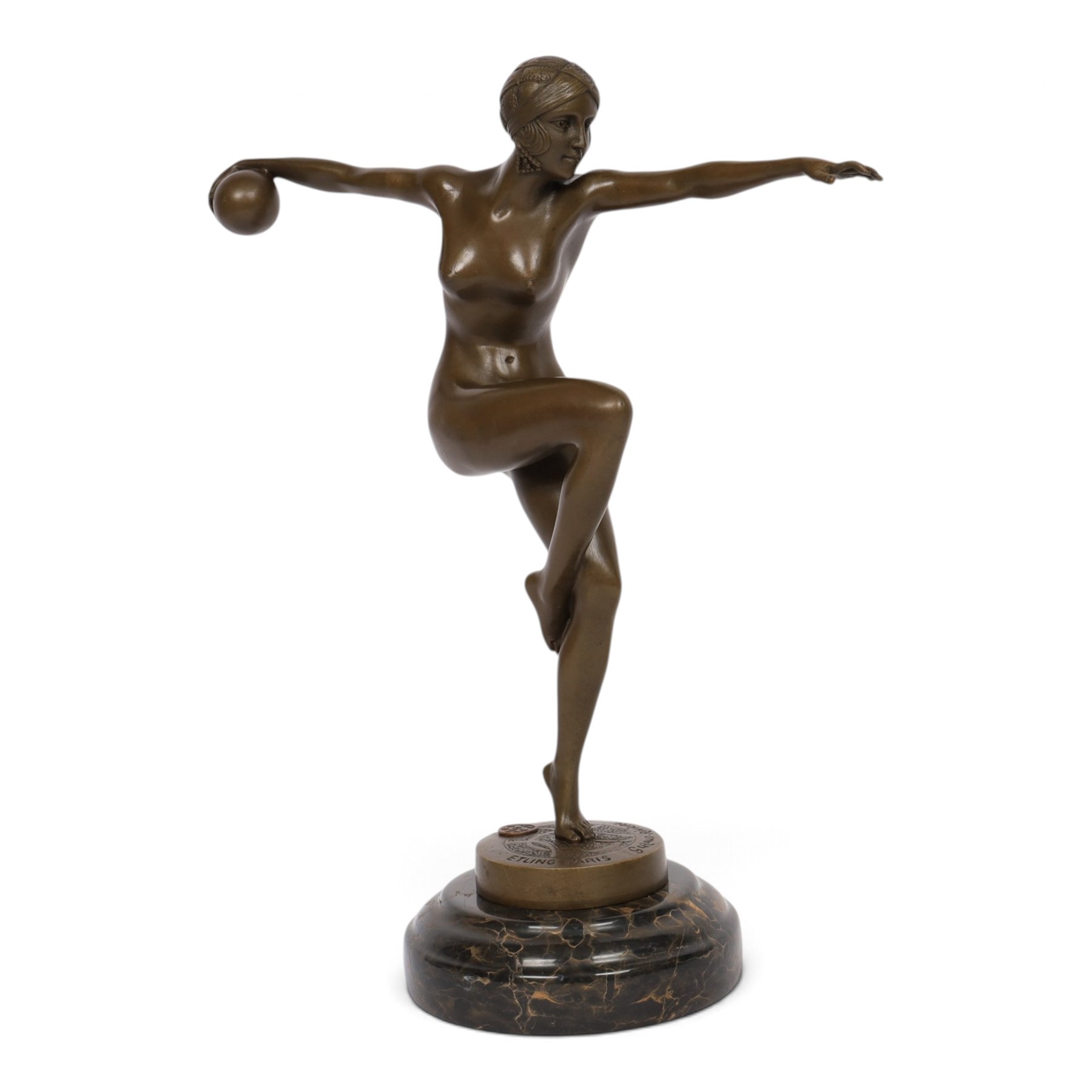 After Guiraud Riviere - The ball dancer, bronze of a female nude upon a marble base, H35cm 