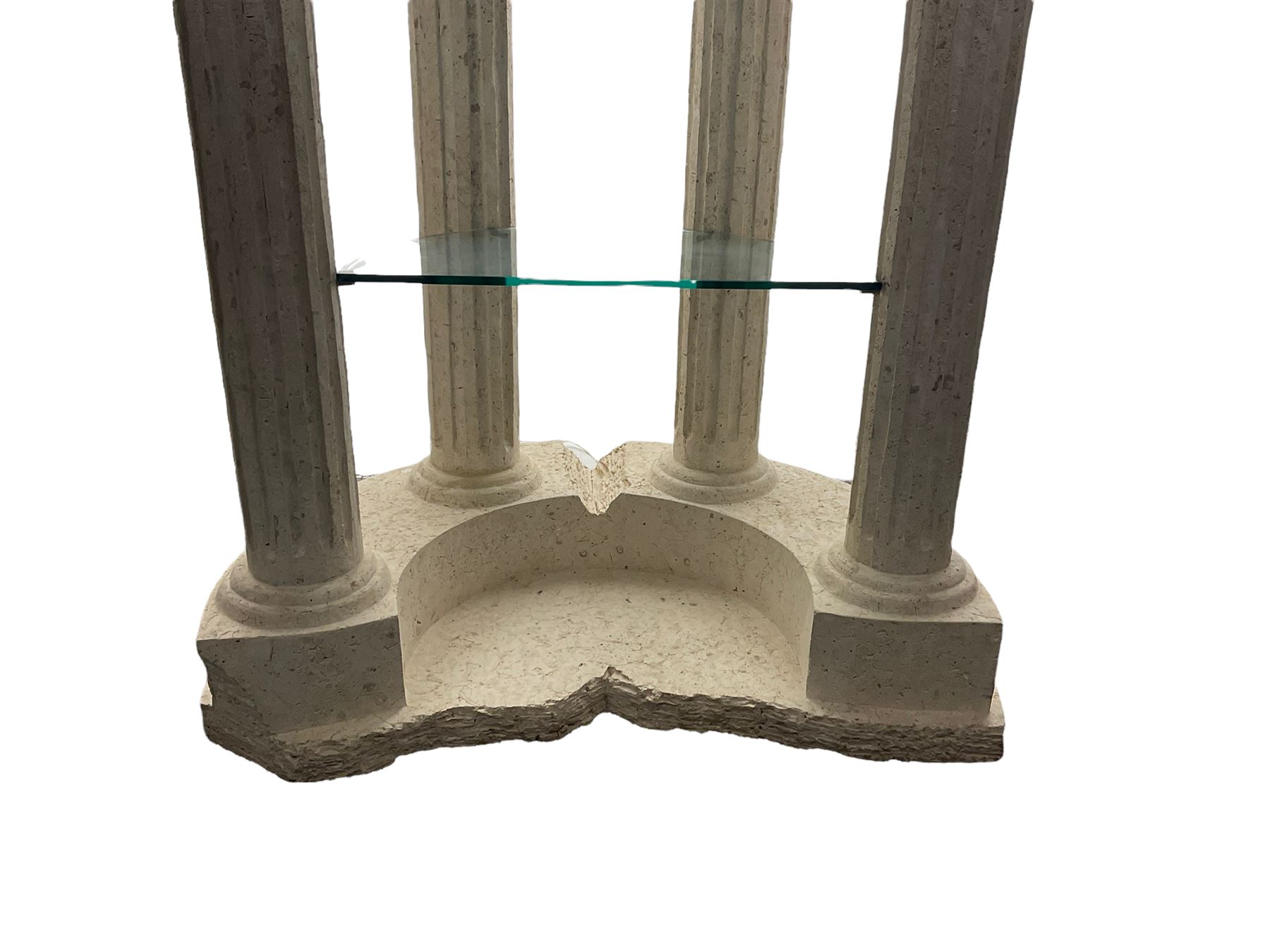 Cast architectural stone effect column display stand, fitted with three glass shelves 