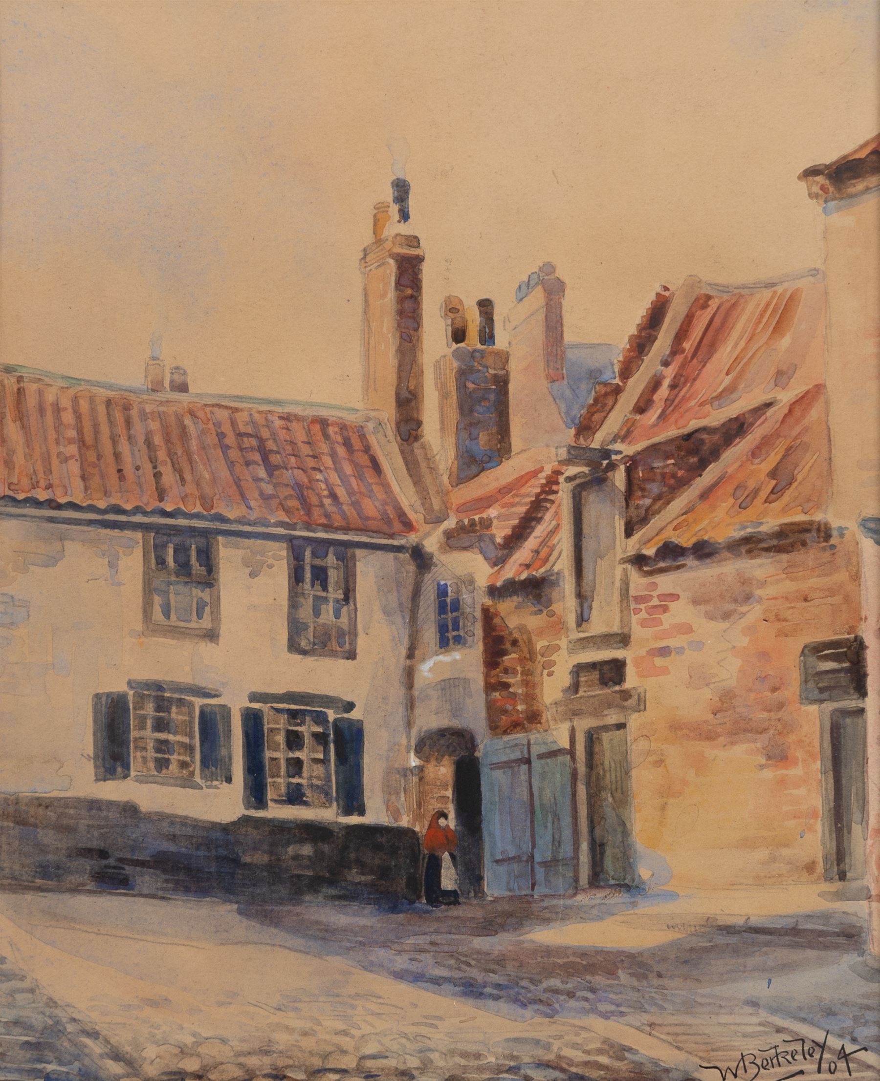 C Holmes (British 19th/20th Century): Clouds over Whitby, oil on canvas signed, 24cm x 34cm; Hely Augustus Morton Smith (British 1862-1941): Entering Whitby Harbour, watercolour signed 42cm x 30cm; W Berkeley (British 19th Century): The Doorway, watercolour signed and dated '04, 23cm x 19cm (3)