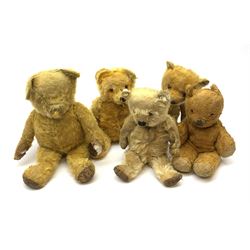 Five British teddy bears 1930s-50s including Irish Tara bear with swivel jointed head, glass eyes, vertically stitched nose and mouth, inoperative musical movement and jointed limbs H15