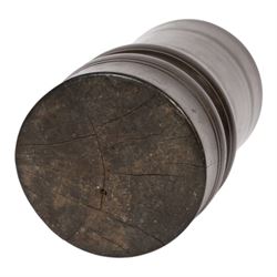 18th century turned fruitwood mortar, of tall proportions and cylindrical form with ring turned and moulded detail, 22.5cm 
