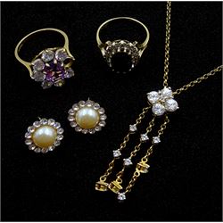 Gold cubic zirconia pendant necklace, two gold stone set rings and a pair of gold dress earrings, all 9ct hallmarked or tested 
