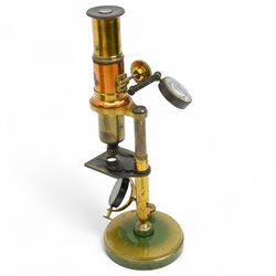 Late 19th century French brass microscope with rack adjustment in mahogany case 26cm x 10cm 