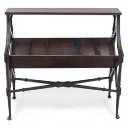 Early 20th century mahogany bookstand, rectangular top over sloped book trough with four divisions, on turned supports with X-shaped stretcher base