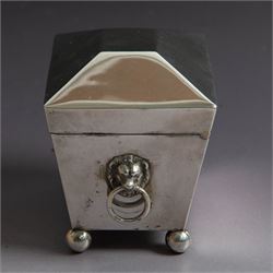Early 20th century silver tea caddy, of sarcophagus form with twin lion mask mounted loop handles, upon four bun feet, hallmarked William Hutton & Sons Ltd, Birmingham 1913, H8cm, W9cm