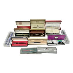 Collection of Parker ball point pens and similar examples by Sheaffer, Papermate etc, mostly boxed