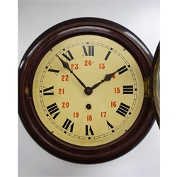  20th century wall clock, 21cm circular Roman dial with Arabic 24hrs, single train German movement, 30cm diam  