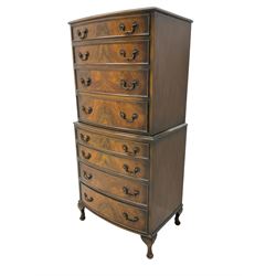 Mid-20th century walnut bow-front chest on chest, fitted with eight graduating drawers, on cabriole feet