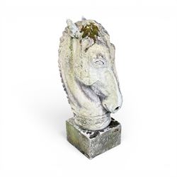 Large weathered cast stone horse head figure, raised on square plinth