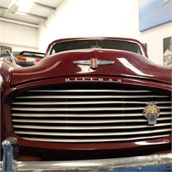 1953 Hillman Minx Saloon

Registration: NYP 135
Engine: 1,265cc petrol
Transmission: Manual, column change
Odometer reading: 37,553 miles
Colour: Maroon red
Interior: Cream
Former keepers: 3
V5C: Present
Keys: One

A 1953 Hillman Minx four-door saloon, finished in maroon red with a contrasting cream interior.

Powered by a 1,265cc petrol engine with manual column-change transmission. The Smiths speedometer displays 37,553 miles, although this mileage has not been independently verified.

The vehicle has previously been restored and presents with glossy maroon paintwork, cream bench seating and a period dashboard and steering wheel. The engine bay is painted to match the exterior and appears generally tidy. The underside has been coated or undersealed in places, with the chassis, floor sections, suspension and exhaust visible in the accompanying photographs.

At the time of cataloguing, the engine turned over but did not start.

Features

• 1,265cc petrol engine
• Manual column-change transmission
• Right-hand drive
• Four-door saloon body
• Maroon red exterior
• Cream bench-seat interior
• Smiths instrumentation
• Period dashboard controls
• Steel wheels with chrome hubcaps
• Chrome bumpers and exterior trim
• Rear-hinged bonnet
• Leaf-spring suspension

History and Documentation

• V5C registration document present
• Three former keepers recorded
• One key
• Pitman’s handbook included

Condition

The vehicle is presented in restored condition. The maroon paintwork retains a good overall gloss, with some age-related marks and imperfections visible on closer inspection.

The cream interior presents well overall, with signs of age and use to the upholstery, carpets, dashboard and controls. Some surface deterioration and pitting are visible to areas of the chrome and brightwork.

The engine bay appears tidy, although some wiring and ancillary components appear non-original or subsequently renewed. The underside has received protective coating or underseal in areas. Prospective purchasers should inspect the structure, chassis, floor, suspension and mechanical components carefully.

At the time of cataloguing, the engine turned over but did not start. The vehicle has not been mechanically inspected or road tested by the auctioneers.

Prospective purchasers should satisfy themselves as to the vehicle’s condition, specification, originality, mileage, identity and roadworthiness before bidding.

This vehicle forms part of the Estate of the Late John Sills and is offered for sale by the Executors, confirming a genuine reason for sale.