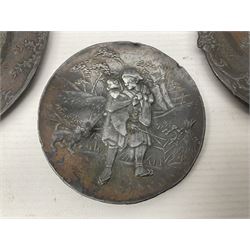 Brass sunfish ashtray, Chinese silver plated trinket box with mirror, bronzed matchbox cover and a collection of other Oriental bronzed embossed metal trays