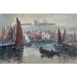 George Scarth French (British fl.1894-1910): Fishing Boats at Dock End Whitby Harbour, watercolour and bodycolour signed and dated 1906, 34cm x 53cm