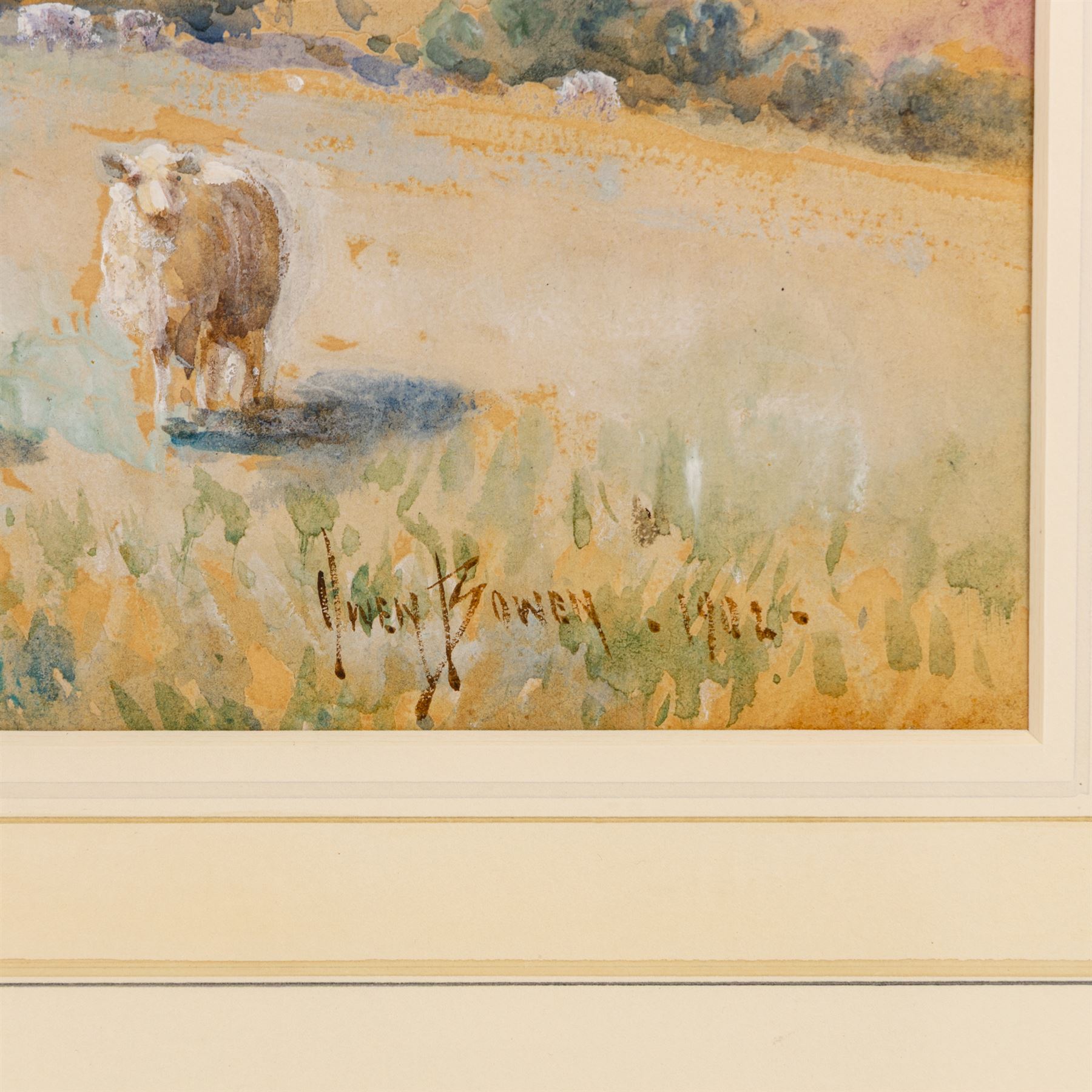 Owen Bowen (Staithes Group 1873-1967): Sheep Grazing, watercolour heightened in white signed and dated 1902, 37.5cm x 54cm 
Provenance: private collection, purchased David Duggleby Ltd 23rd March 2018 Lot 189