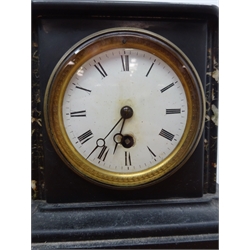 Victorian architectural style black slate and marble cased mantel clock, white enamel dial with Roman numerals enclosing French brass eight day movement striking on a gong (H30cm) and another similar smaller Victorian mantel clock (2)  