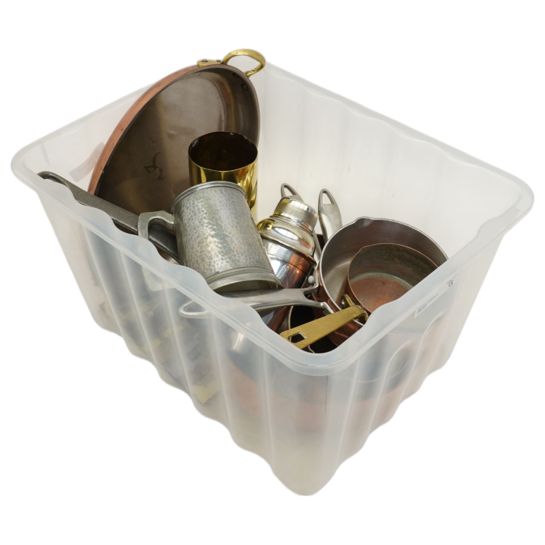 Copper pans, silver plated cocktail shaker, and other metalware in one box