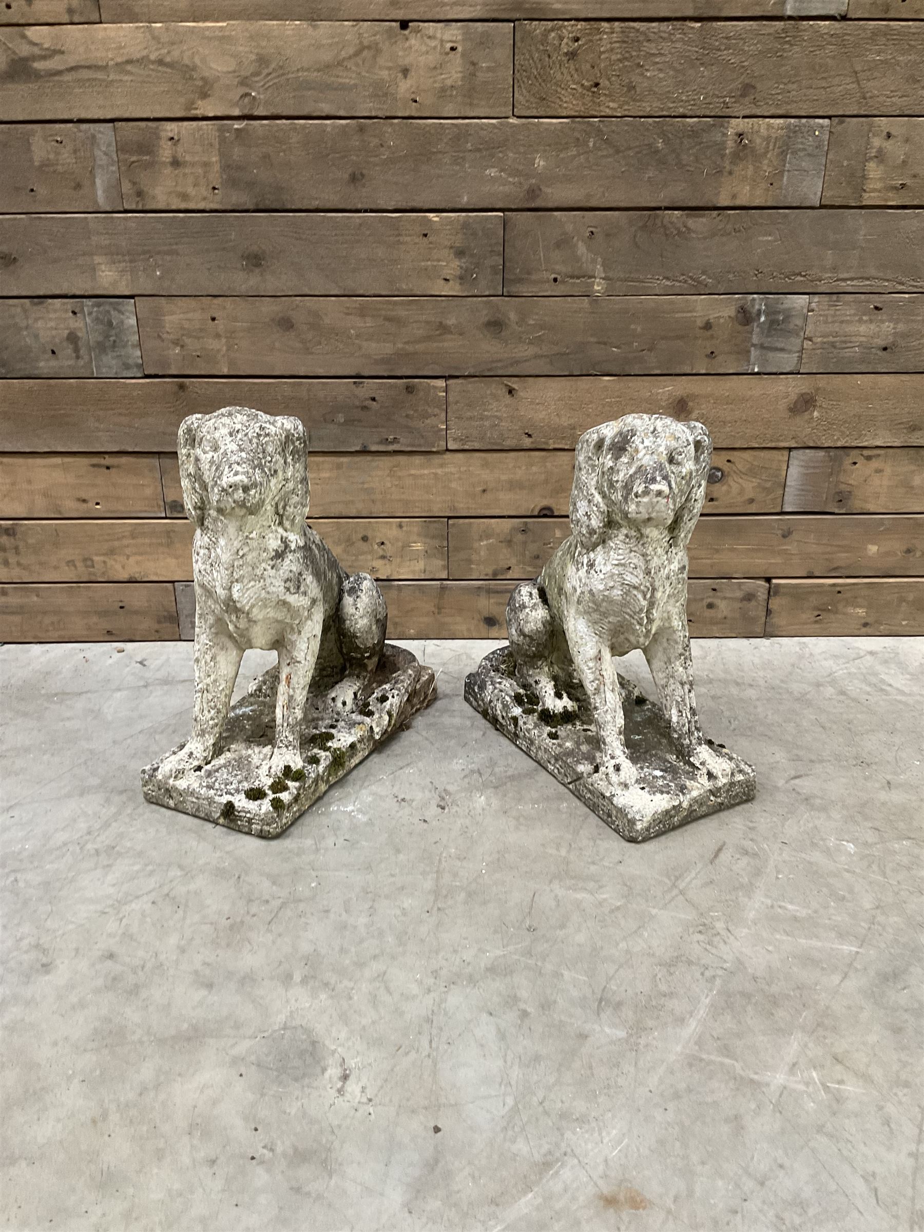 Pair of cast stone garden dogs and 2 female figures,