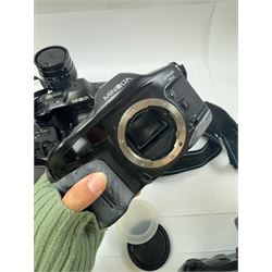 Six Minolta Dynax SLR camera bodies, comprising 800si serial no. 62703606, three 7xi examples, including one boxed example, serial nos. 20106944, 16123311 & 22107553, and two 9xi examples, serial no. 18209901 & 18202113, with three Minolta lenses, including Zoom xi 28-105mm 1:3.5(22)-4.5 lens, AF Zoom 28-85mm 1:3.5 (22)-4.5 lens and an AF Zoom 75-300mm 1:4.5(32)-5.6 lens, Hama carry case and other accessories