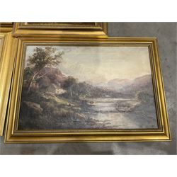 Tom Seymour (British 1840-1904): Riverside Cottage, oil on canvas signed, together with eight further landscape oils by other hands (9)