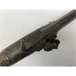 REGISTERED FIREARMS DEALERS ONLY - Reproduction flintlock pistol, the full walnut stock with brass filigree inlay and mounts and skull crusher butt L46cm; no visible proof marks - Disposed 25.06.25 - Notified 24.07.25