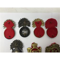 Ten cap badges of Indian interest comprising Bengal Fusiliers No.104, Bengal Infantry No.107, Royal Bengal Fusiliers No.101, Bombay Infantry No.109, Bombay L.I. No.106, two Royal Madras Fusiliers No.102, Madras Infantry No.108 and Madras L.I. No.105 (10)