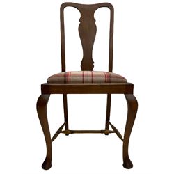 Mixed set of twelve early 20th century mahogany Queen Anne style dining chairs, all with shaped vase backs and cabriole front supports, matching drop-in seats upholstered in tartan patterned fabric