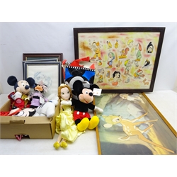  Disney - J. Don Overfield watercolour entitled 'Characters from Walt Disney's Snow White and Seven Dwarfs', signed on attached typed label, 52 x 70cm, oak frame together with 50th anniversary colour print of Bambi and Thumper 49 x 74cm, mahogany frame, Mickey Mouse, Minnie Mouse and Belle soft toys, child's Minnie costume, Totally Minnie figure, Mickey mask and hands and three framed Disney prints   