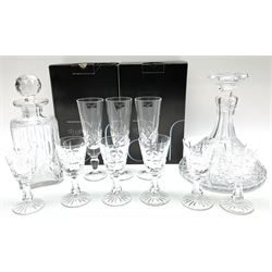 Set of six Waterford Crystal sherry glasses, together with three Stuarts Crystal Glengarry pattern flutes, a Stuart Crystal ships decanter, and an Edinburgh Crystal square section decanter. 