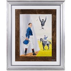 Steven J Allen (British Contemporary): Portraits of Franki Dettori, oil on board signed 49cm x 39cm 